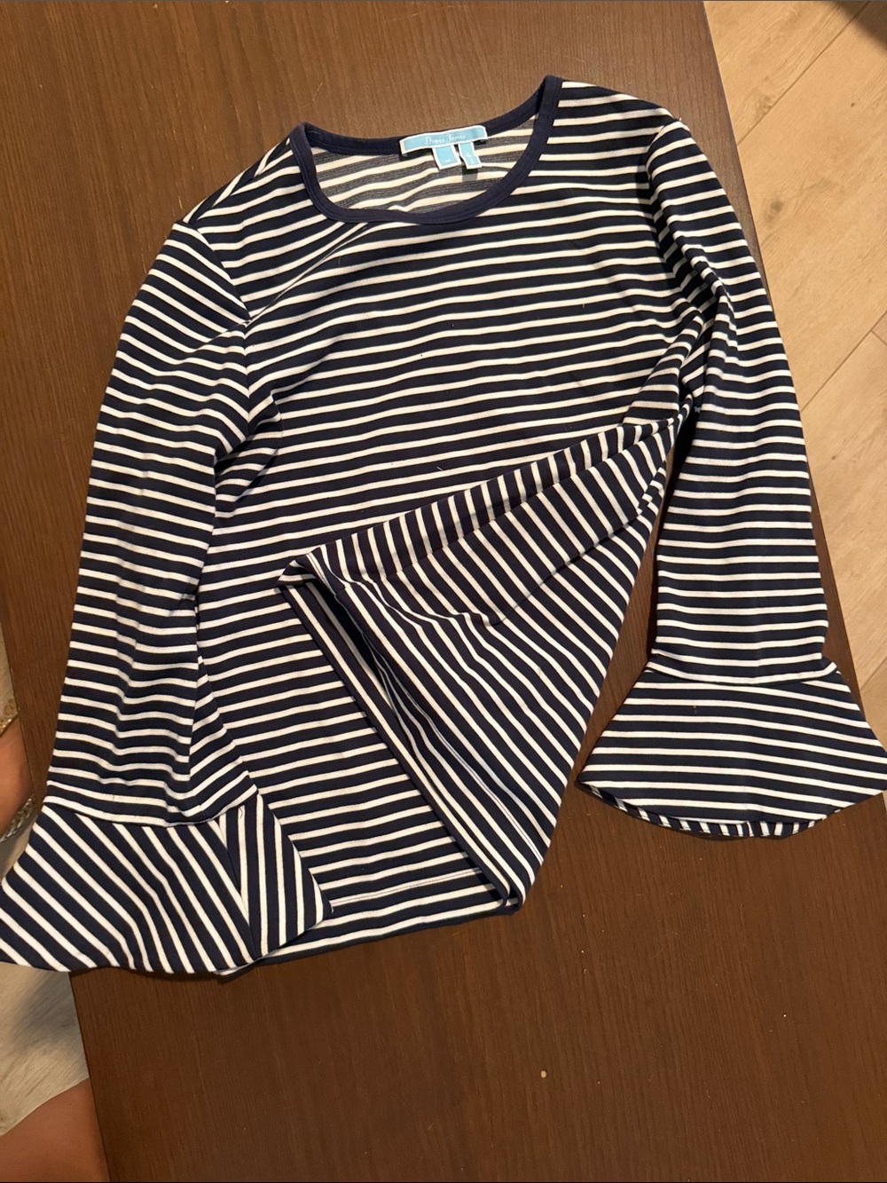 Draper James Navy and White Striped Ruffle-Sleeve Long Sleeve Tee
